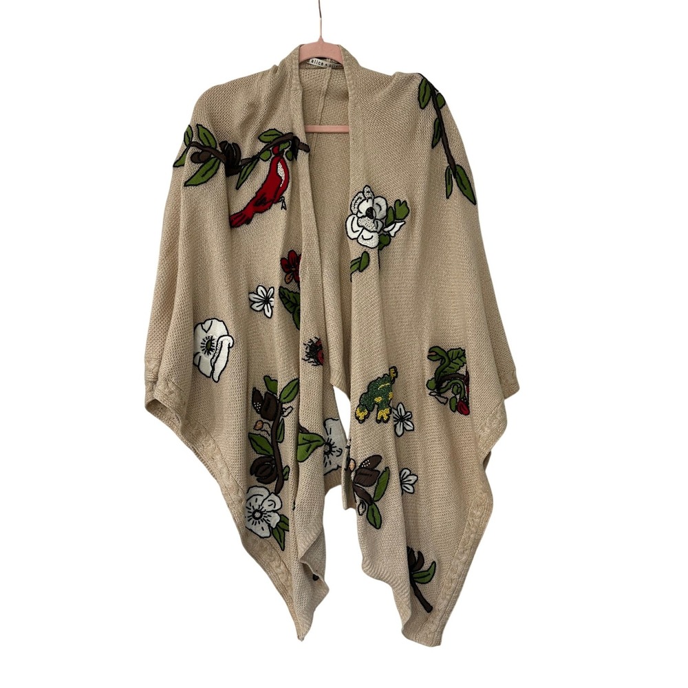 Alice + Olivia Embroidered Beaded Floral Bird Poncho Cardigan Beige XS/S‎